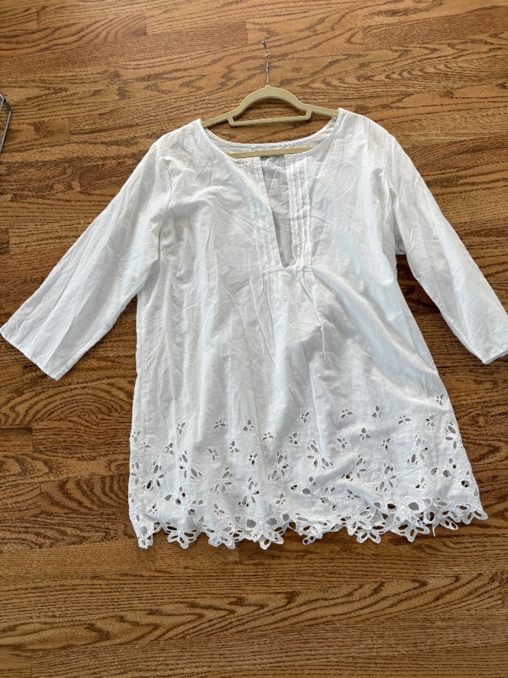 GAP BODY WHITE TUNIC MINI DRESS BUTTERFLY LACE EYELET LONG SLEEVE COTTON XL